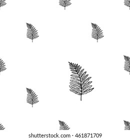 Vintage seamless pattern with fern leaf. Background for eco forest autumn celebrations. Black floral rustic symbols on white hand drawing style.