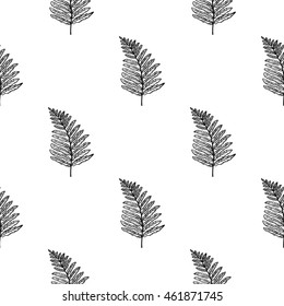 Vintage seamless pattern with fern leaf. Background for eco forest autumn celebrations. Black floral rustic symbols on white hand drawing style.