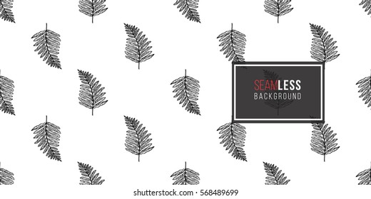 Vintage seamless pattern with fern leaf. Background for eco forest wedding or autumn celebrations. Black floral rustic symbols and elements on white hand drawing style.