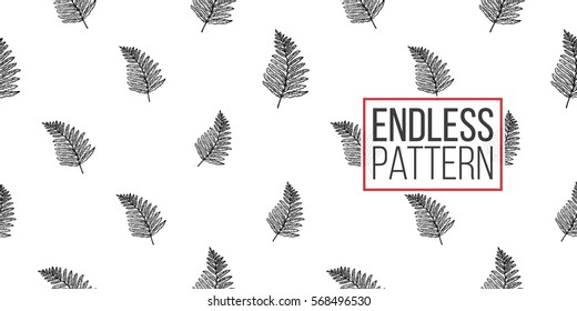 Vintage seamless pattern with fern leaf. Background for eco forest wedding or autumn celebrations. Black floral rustic symbols and elements on white hand drawing style.