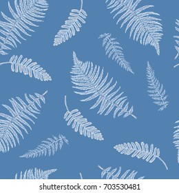 Vintage seamless pattern with Ferns on blue background. Imitation of embroidery