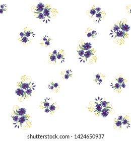 Vintage seamless pattern with field small blue flowers on white background.