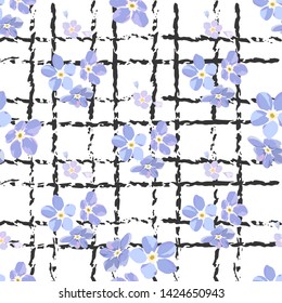 Vintage seamless pattern with field small blue flowers on white background.