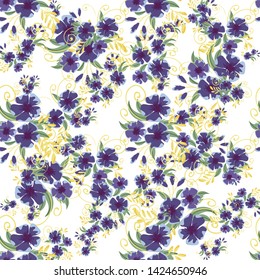 Vintage seamless pattern with field small blue flowers on white background.
