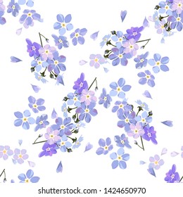 Vintage seamless pattern with field small blue flowers on white background.
