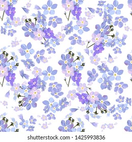 Vintage seamless pattern with field small blue flowers on white background. Flower vector. Romantic floral surface design. Spring landscape.
