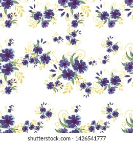 Vintage seamless pattern with field small blue flowers on white background.