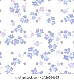 Vintage seamless pattern with field small blue flowers on white background.
