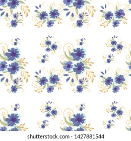 Vintage seamless pattern with field small blue flowers on white background. Flower vector. Romantic floral surface design. Spring landscape.