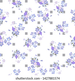 Vintage seamless pattern with field small blue flowers on white background.
