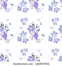 Vintage seamless pattern with field small blue flowers on white background.