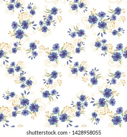 Vintage seamless pattern with field small blue flowers on white background. Flower vector. Romantic floral surface design. Spring landscape.
