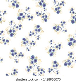 Vintage seamless pattern with field small blue flowers on white background. Flower vector. Romantic floral surface design. Spring landscape.