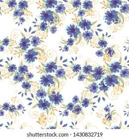 Vintage seamless pattern with field small blue flowers on white background. Flower vector. Romantic floral surface design. Spring landscape.