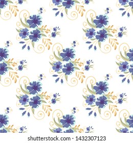 Vintage seamless pattern with field small blue flowers on white background. Flower vector. Romantic floral surface design. Spring landscape.