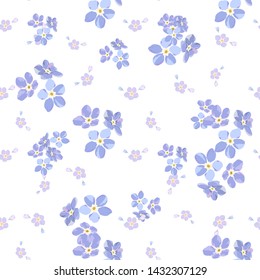 Vintage seamless pattern with field small blue flowers on white background.