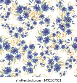 Vintage seamless pattern with field small blue flowers on white background. Flower vector. Romantic floral surface design. Spring landscape.