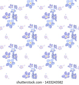 Vintage seamless pattern with field small blue flowers on white background.