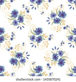 Vintage seamless pattern with field small blue flowers on white background. Flower vector. Romantic floral surface design. Spring landscape.