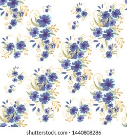 Vintage seamless pattern with field small blue flowers on white background. Flower vector. Romantic floral surface design. Spring landscape.