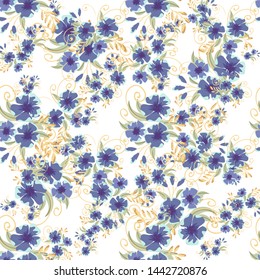 Vintage seamless pattern with field small blue flowers on white background. Flower vector. Romantic floral surface design. Spring landscape.