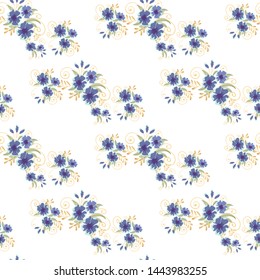 Vintage seamless pattern with field small blue flowers on white background. Flower vector. Romantic floral surface design. Spring landscape.