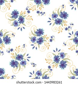 Vintage seamless pattern with field small blue flowers on white background. Flower vector. Romantic floral surface design. Spring landscape.