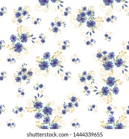 Vintage seamless pattern with field small blue flowers on white background. Flower vector. Romantic floral surface design. Spring landscape.