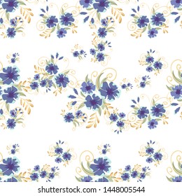 Vintage seamless pattern with field small blue flowers on white background. Flower vector. Romantic floral surface design. Spring landscape.