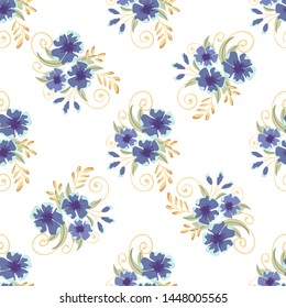 Vintage seamless pattern with field small blue flowers on white background. Flower vector. Romantic floral surface design. Spring landscape.