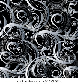 Vintage seamless pattern. Floral 3d wallpaper with white decorative antique flowers leaves and flowery ornaments. Ornate black background.Flourish vector illustration. Elegant fabric. Endless texture