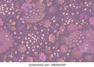 Vintage seamless pattern. Floral background. Garden flowers and herbs. Lilac gamut. Handmade graphics. Victorian style. Textiles, paper, wallpaper decoration. Ornamental cover. Vector.