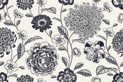 Vintage Seamless Pattern. Floral Black White Background. Flowers Roses, Peonies, Hydrangea, Chrysanthemum. Handmade Graphics. Victorian Style. Textiles, Paper, Wallpaper Decoration. Ornamental Cover.