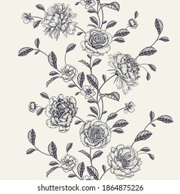 Vintage seamless pattern. Floral black and white background. Garden flowers roses, peonies, branches and leaves. Handmade graphics. Victorian style. Summer template for textiles, paper, wallpaper.