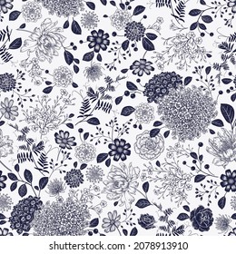 Vintage seamless pattern. Floral black and white background. Flowers, herbs and leaves. Handmade graphics. Victorian style. Textiles, paper, wallpaper decoration. Ornamental cover. Vector.