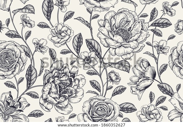 Vintage seamless pattern. Floral black and white background. Garden flowers roses and peonies. Handmade graphics. Victorian style. Textiles, paper, wallpaper decoration. Ornamental cover. Vector.