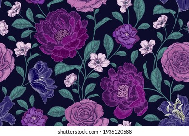 Vintage seamless pattern. Floral color background. Garden flowers roses and peonies. Handmade graphics. Victorian style. Textiles, paper, wallpaper decoration. Ornamental cover. Vector.