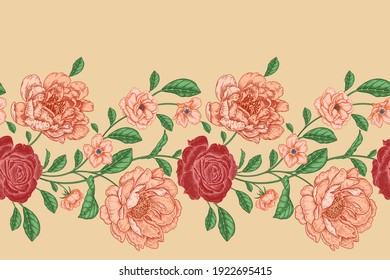 Vintage seamless pattern. Floral colourful background. Garden flowers roses, peonies, branches and leaves. Handmade graphics. Victorian style. Summer template for textiles, paper, wallpaper.