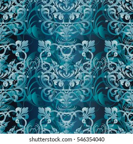 Vintage seamless pattern. Floral damask wallpaper. Flowery blue background. Flourish vector illustration.