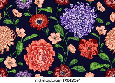 Vintage seamless pattern. Floral dark background. Flowers roses, peonies, hydrangea, chrysanthemum. Handmade graphics Victorian style. Textiles, paper, wallpaper decoration. Ornamental cover. Vector.