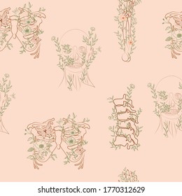 Vintage Seamless pattern with floral human skeleton, ribcage, skull, hand, spine. Editable vector illustration.