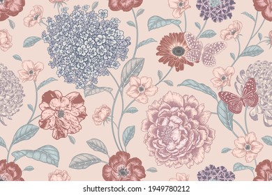 Vintage seamless pattern. Floral pastel color background. Flowers roses, peonies, hydrangea, chrysanthemum. Victorian style. Textiles, paper, wallpaper decoration. Ornamental cover. Vector.