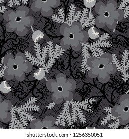 Vintage seamless pattern. Floral print for textiles painted in different shades of gray. Vector illustration.