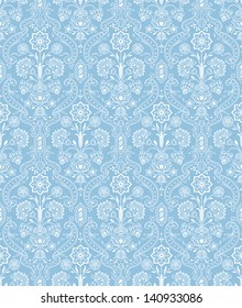 Vintage seamless pattern floral. White, blue