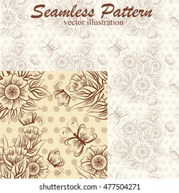Vintage seamless pattern with flower and butterfly, vector illustration
