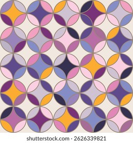 Vintage seamless pattern with flower circles and petals in retro mid-century modern style