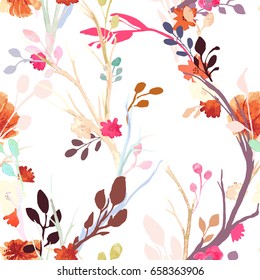 Vintage Seamless pattern: flower, leaf, branch, isolated on background. Imitation of embroidery, watercolor. Hand drawn vector illustration, separated editable elements.