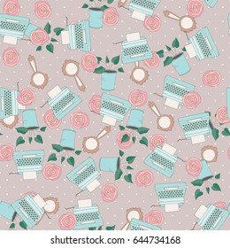 Vintage seamless pattern with flower and vintage objects. Repeatable retro background for textile, wallpapers, etc.