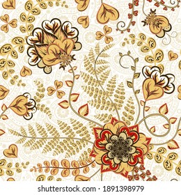 Patrón inmaculado. Fondo de flores de estilo oriental. Marco decorativo adorno para tela, textil, papel envolvente, tarjeta, invitación, papel pintado, diseño web. Marrón beige sobre blanco