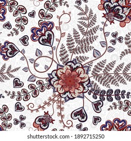 Vintage seamless pattern. Flowers background in eastern style. Decorative ornament backdrop for fabric, textile, wrapping paper, card, invitation, wallpaper, web design. Blue, red on white